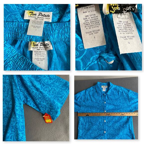 Vintage NOS 80s 90s Two Potato Resort Wear Button Down Shirt + Shorts Set S Blue - Picture 8 of 9